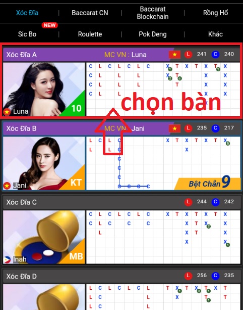 Bước 2 : chọn bàn xóc đĩa sẽ chơi