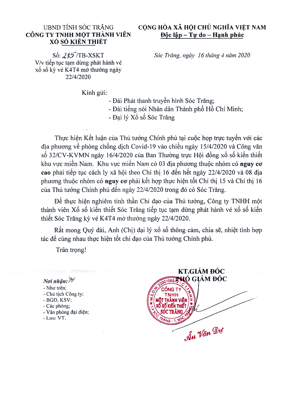 thông báo tạm dừng xổ số kiến thiết