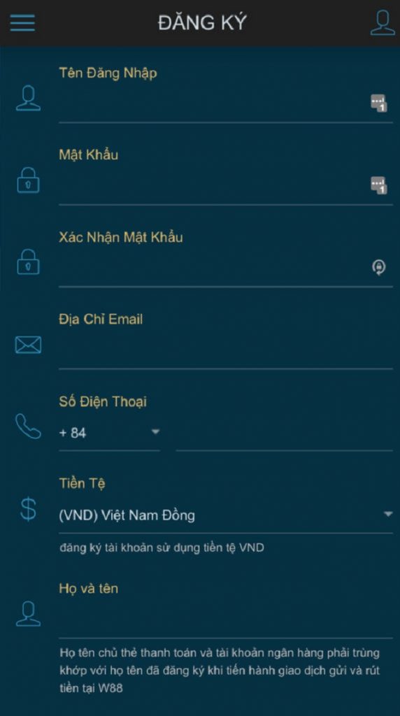 Giao diện đăng ký tài khoản chơi cá độ bóng đá tại W88