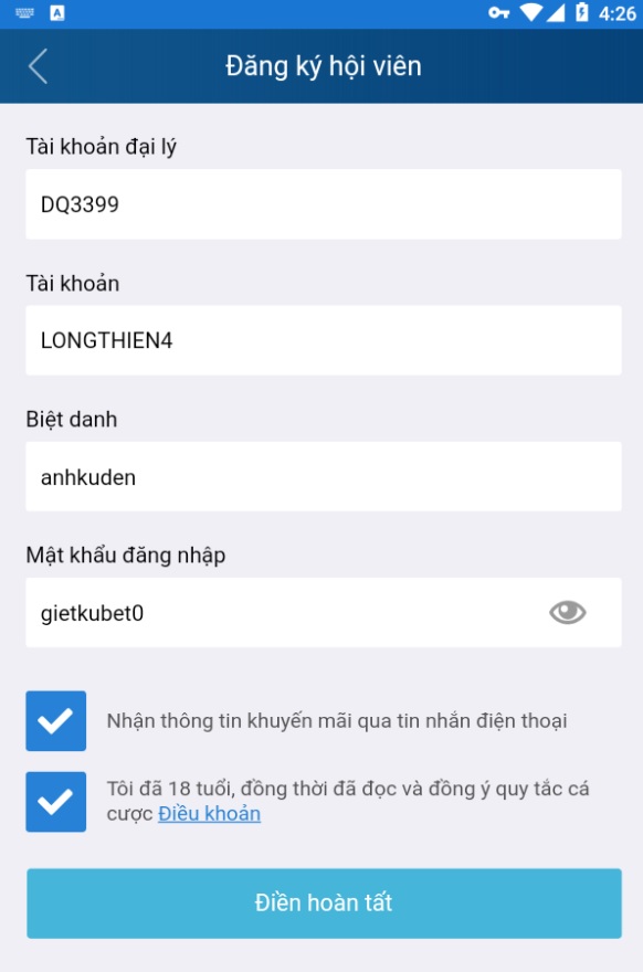 Điền thông tin đăng ký ku casino qua app