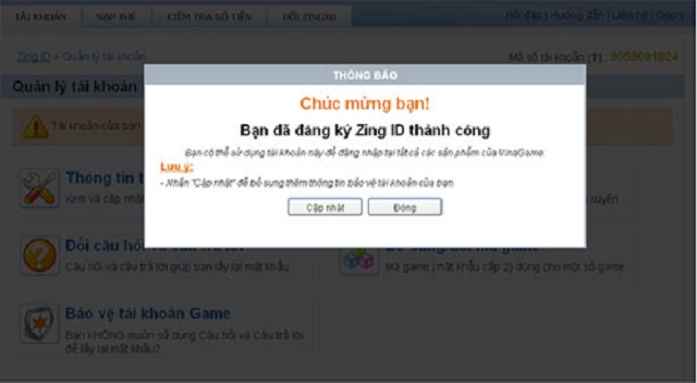 Zingplay thông báo người chơi đã đăng ký tham gia thành công