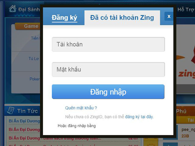 Màn hình đăng nhập Zingplay Miền Nam