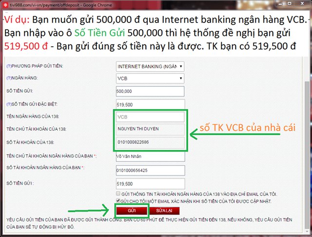 Nhấp vào “Gửi” là bạn đã hoàn thành quá trình gửi tiền trên 138Bet link