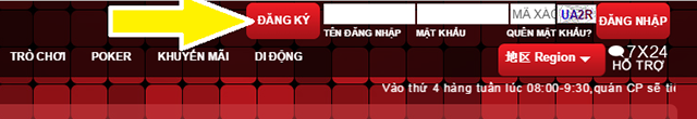 Mục đăng ký nằm ở phần trên của website