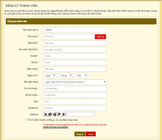 Người chơi cần điền các thông tin cần thiết