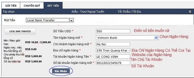 Khi rút tiền, người chơi cần điền đầy đủ các thông tin được yêu cầu