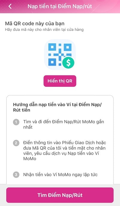 Nạp tiền tại các điểm gửi và rút tiền của Momo