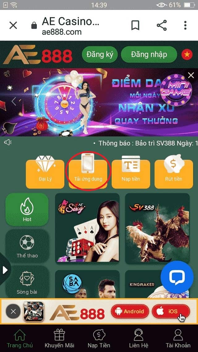 Bấm vào phần tải ứng dụng trên giao diện nhà cái ae888