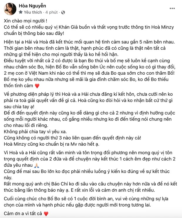 Hòa Minzy chia tay bạn trai đại gia